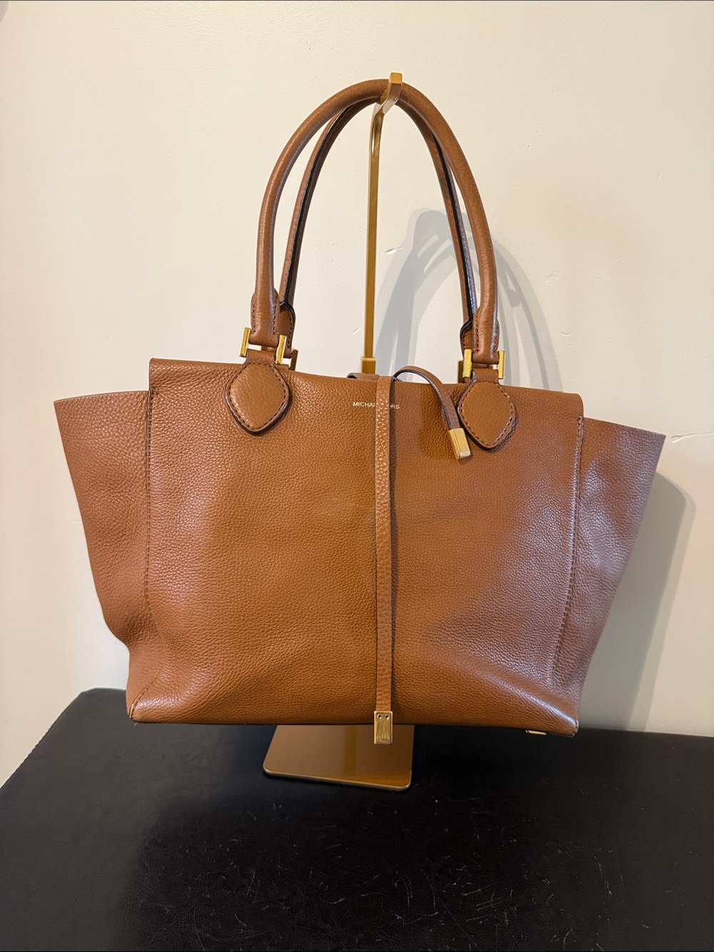 Michael Kors Cognac Pebbled Leather Miranda Tote with Gold Accents
